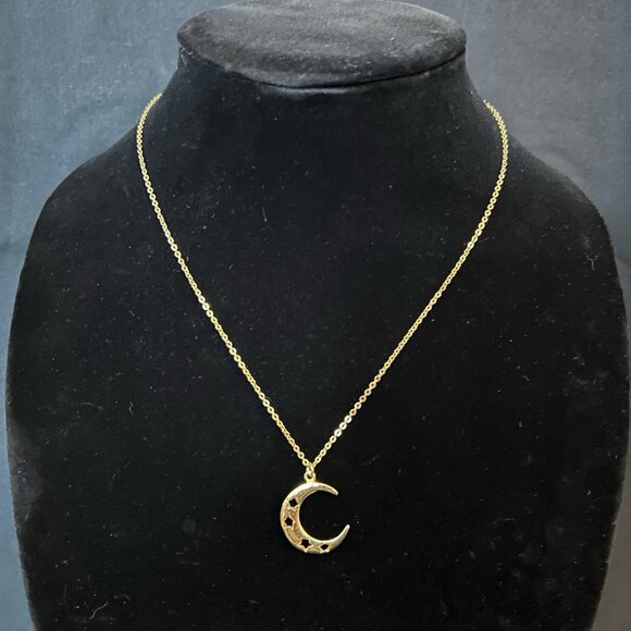 Unbranded Gold Tone Necklace & Crescent Moon Pendant With Stars Sz 18” - Picture 1 of 7